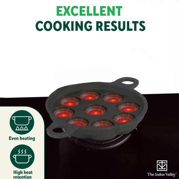 Super Smooth Cast Iron Paniyaram Pan with Glass Lid | 9 Pit, - Image 3