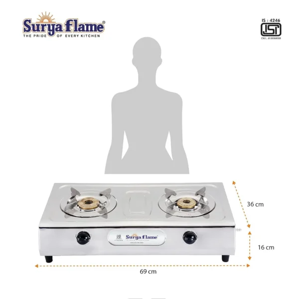 Diamond Gas Stove 2 Brass Burner Stainless Steel LPG Chulha Manual Ignition - Image 2