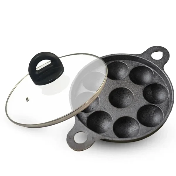 Super Smooth Cast Iron Paniyaram Pan with Glass Lid | 9 Pit,