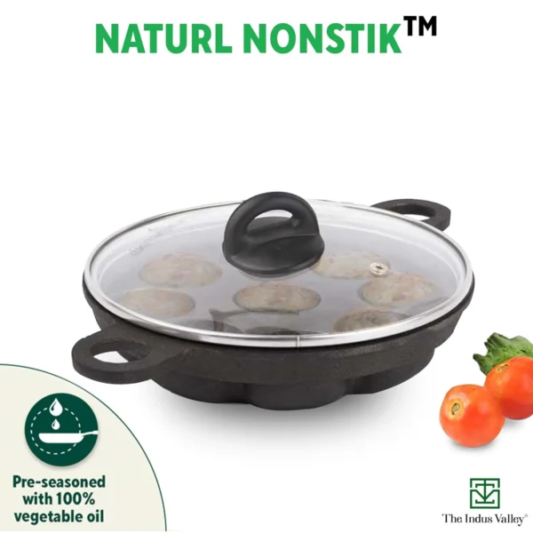 Super Smooth Cast Iron Paniyaram Pan with Glass Lid | 9 Pit, - Image 2