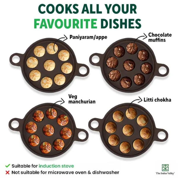 Super Smooth Cast Iron Paniyaram Pan with Glass Lid | 9 Pit, - Image 6