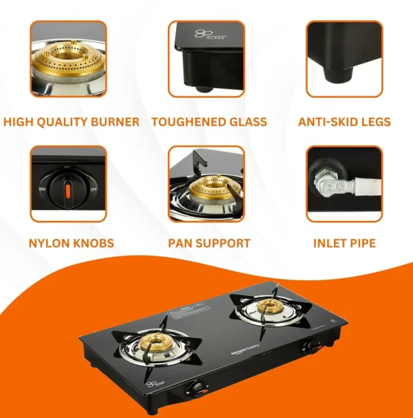 Grand Mini 2 Burner LPG Gas Stove with Toughened Glass-top - Image 4