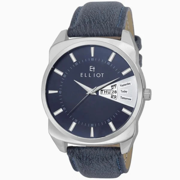 Elliot Invictus Series Blue Dial Analog Day Date Function Leather Strap Wrist Watch For Men With PUSH Button Lock