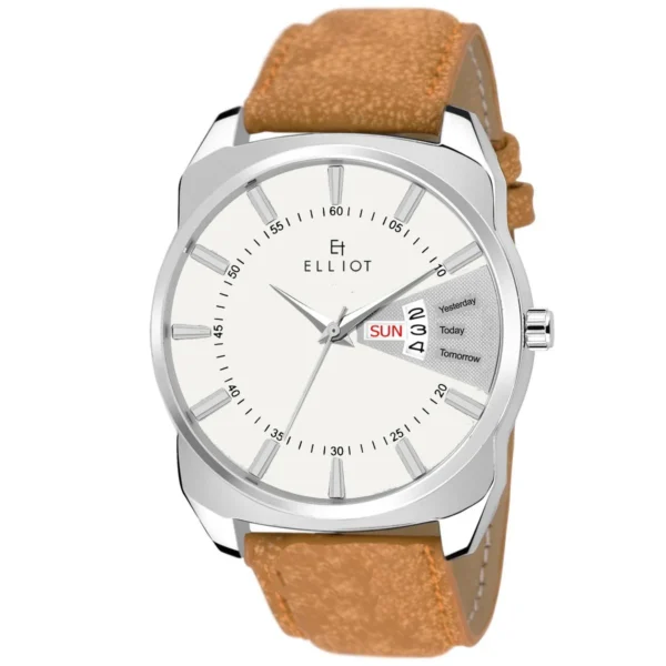 Elliot Invictus Series Silver Dial Analog Day Date Function Leather Strap Wrist Watch For Men With PUSH Button Lock